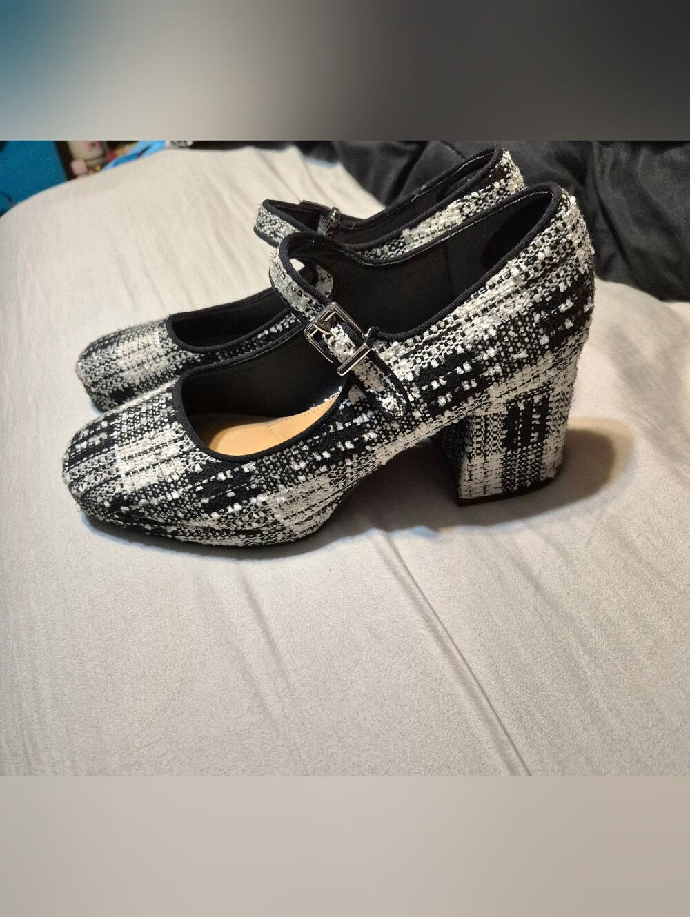 Black & White Tweed Mary Jane Block Heel Pumps - Women Shoes